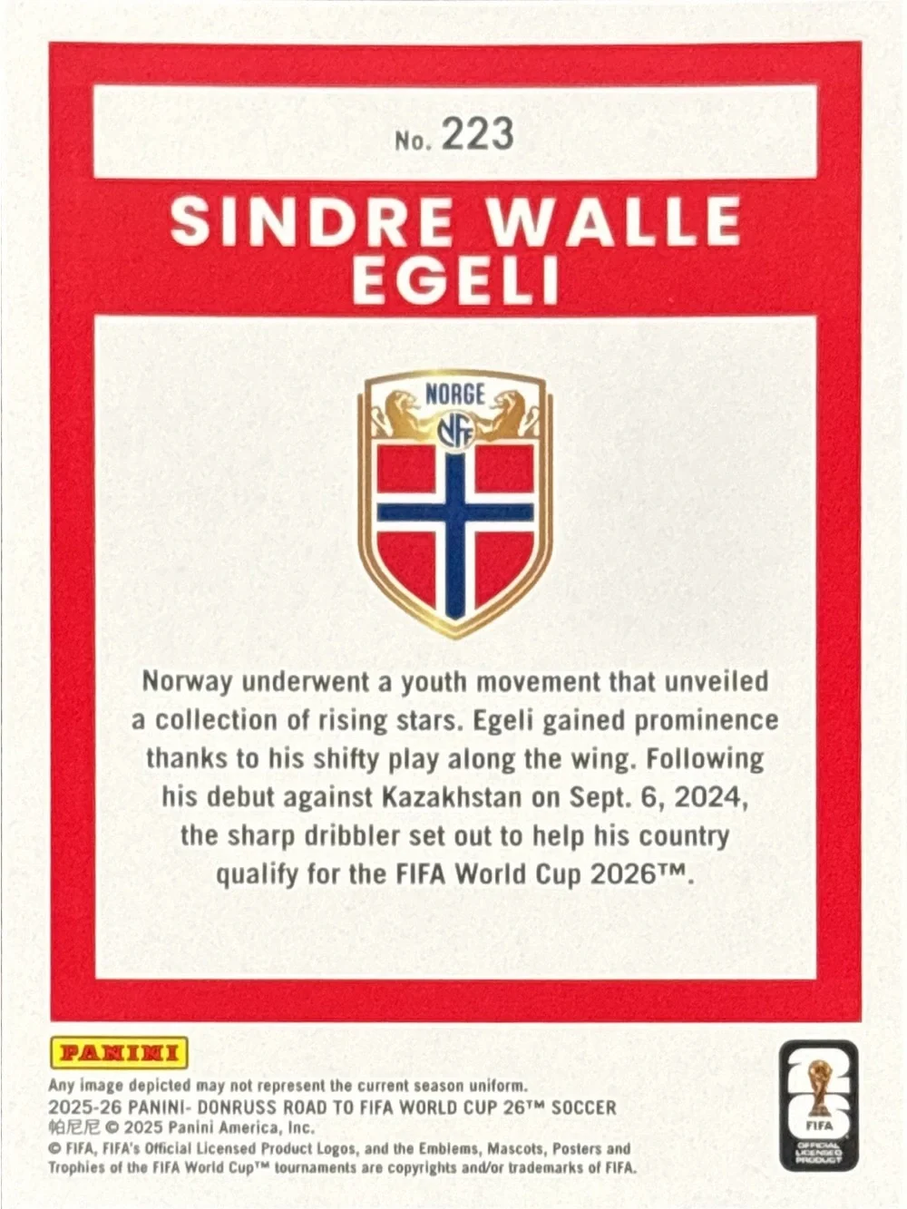 Panini World Cup Sindre Walle Egeli Rookie Norway Soccer Trading Card